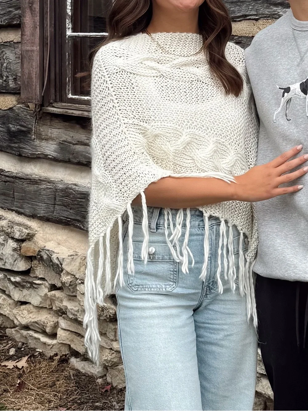 BCBGMaxAzria Cream Cable Knit Fringe Poncho
